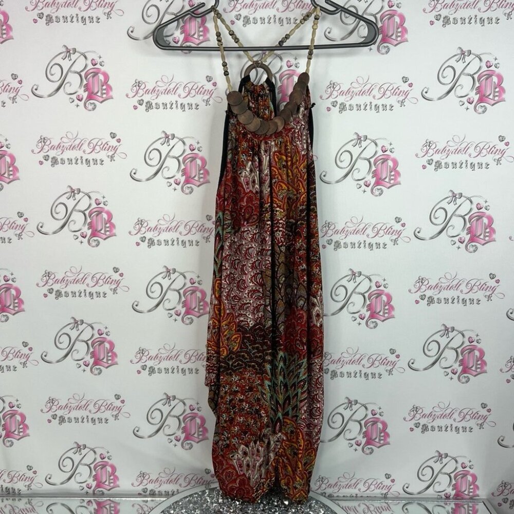 Dress beaded neckline paisley boho floral Elegant Multicolor Maxi Dress